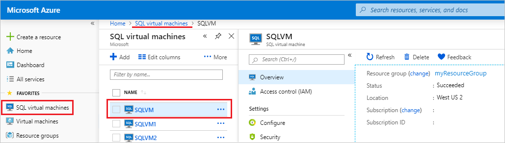 Screenshot of accessing the SQL virtual machines resource in the Azure portal.