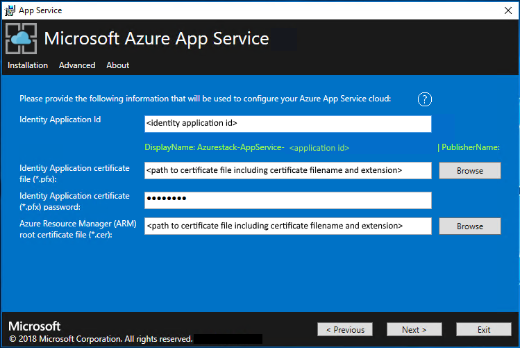 Enter app ID and certificate info in Azure App Service Installer