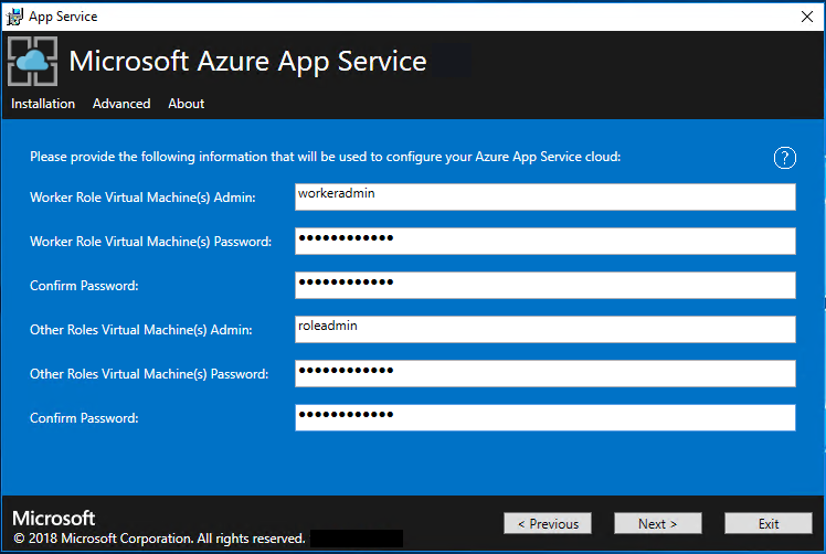 Enter role VM admins in Azure App Service Installer