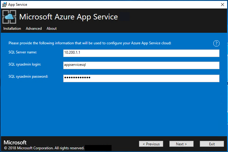 Enter SQL Server info in Azure App Service Installer
