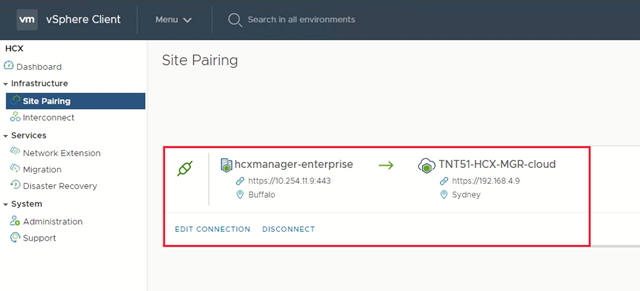 Screenshot of the site pairing between HCX Manager in Azure VMware Solution and VMware HCX Connector.