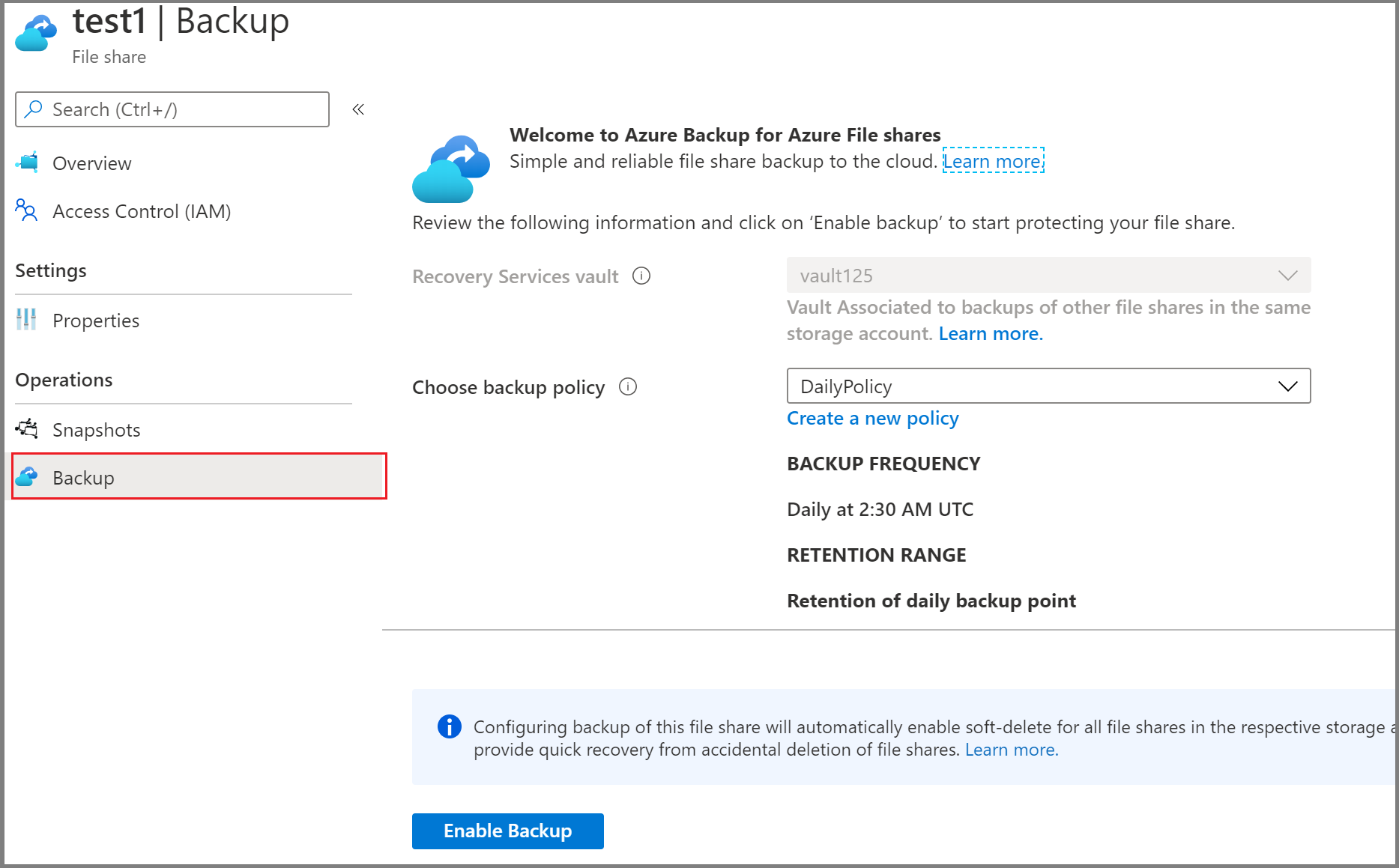 Screenshot shows how to open the Configure backup blade.