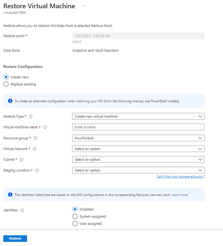 Screenshot for choice to select system-managed identities or user-managed identities.