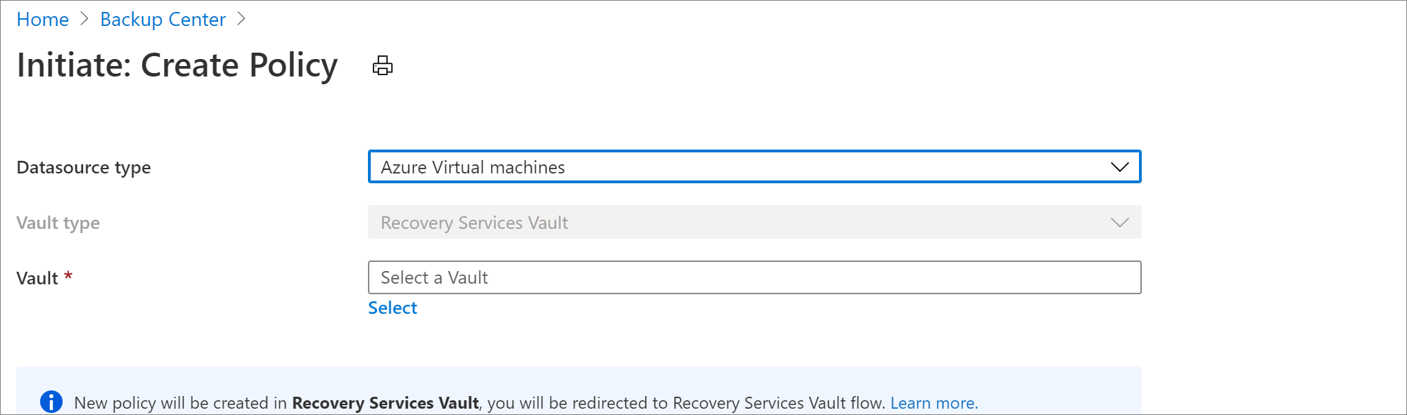 Select datasource for policy for VM backup