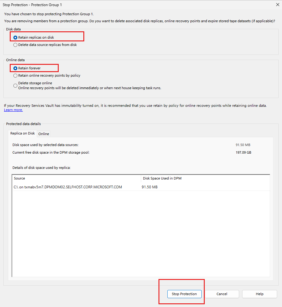 Screenshot that shows the Disk and Online retention data options.