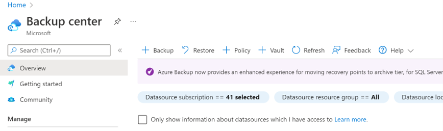 Screenshot shows how to initiate adding backup policy for vaulted blob backup.