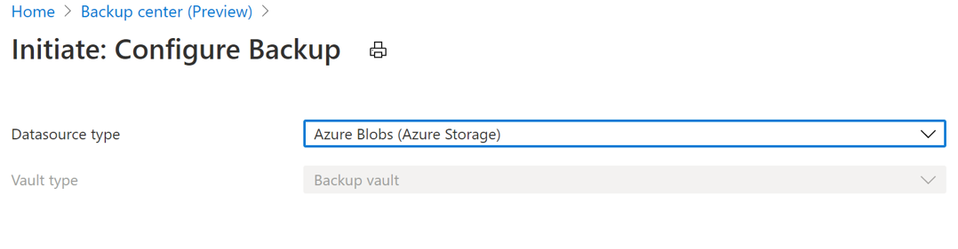 Screenshot shows how to initiate configuring vaulted blob backup.