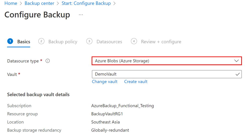 Screenshot shows how to select datasource type to initiate vaulted blob backup.
