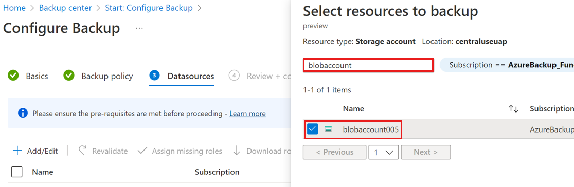 Screenshot shows how to select storage account for vaulted blob backup.