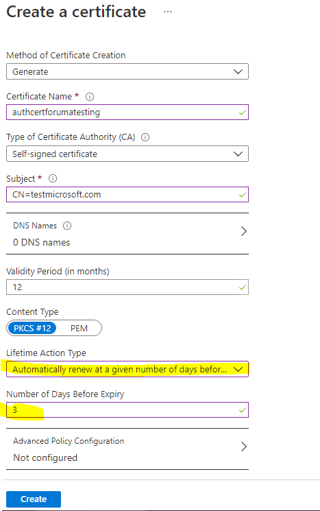 Screenshot of the certificate creation screen in the Azure portal.