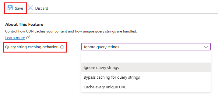 Screenshot content delivery network query string caching options.