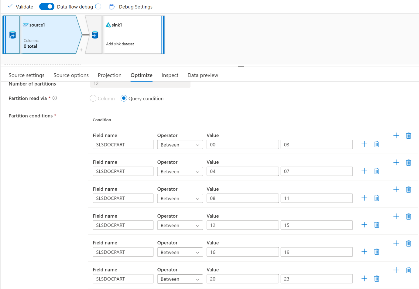 Screenshot that shows source partitioning in the Optimize tab.