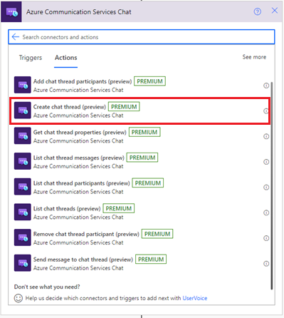 Screenshot that shows the Azure Communication Services Chat connector Create a chat thread action.