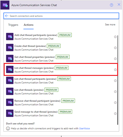 Screenshot that shows the Azure Communication Services Chat connector List chat messages action.