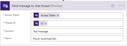 Screenshot that shows the Azure Communication Services Chat connector Send chat message action dialog.