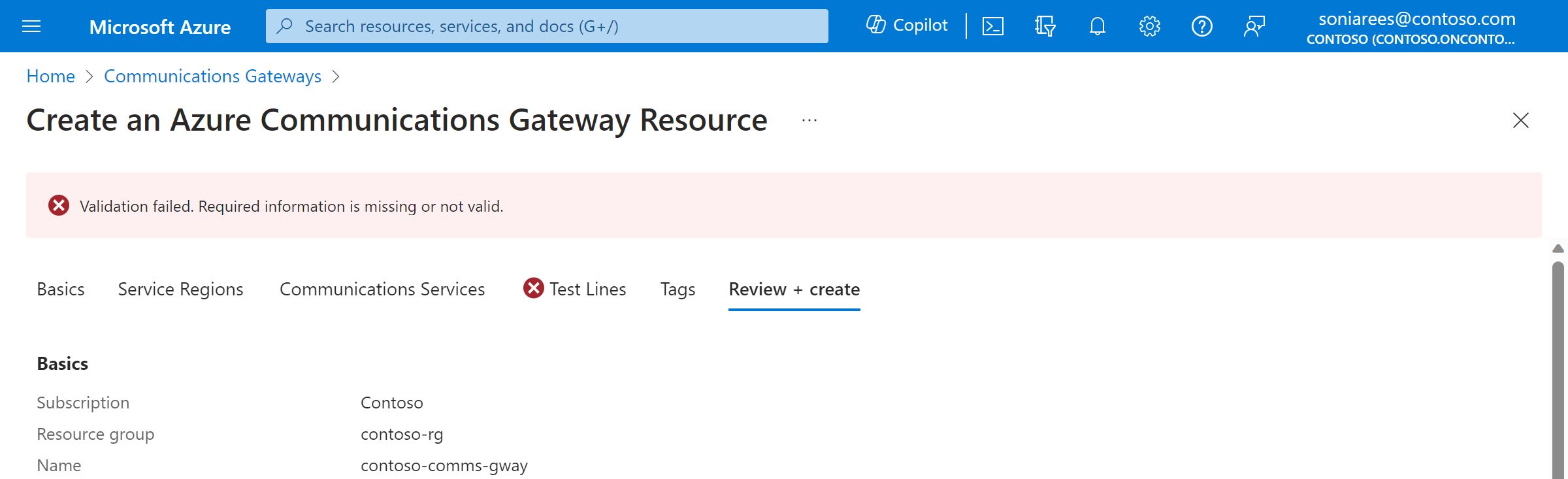 Screenshot of the Create an Azure Communications Gateway portal, showing a validation that failed due to missing information in the Contacts section.