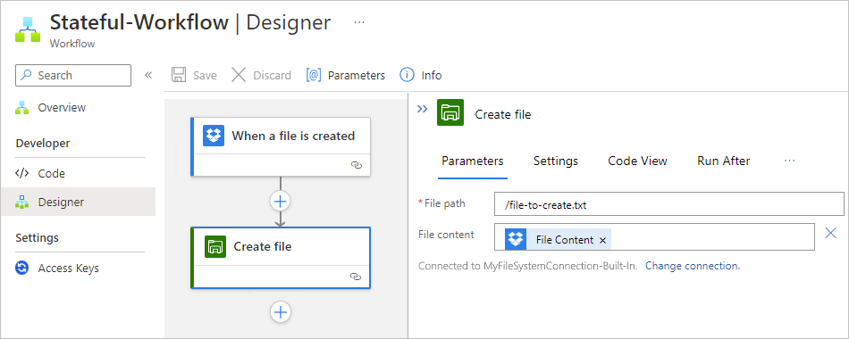 Screenshot showing Standard workflow designer and the File System built-in connector "Create file" action.