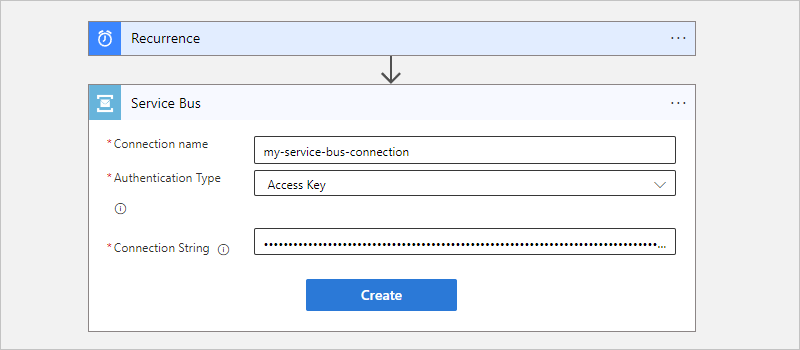 Screenshot showing Consumption workflow, Service Bus action, and example connection information.