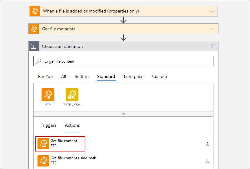 Screenshot shows the Azure portal, Consumption workflow designer, search box with "ftp get file content" entered, and "Get file content" action selected.