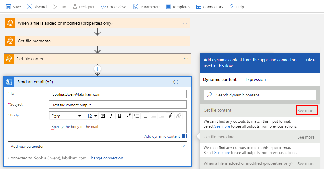 Screenshot shows Consumption workflow designer, "Send an email" action, and dynamic content list opened with "See more" selected next to "Get file content".