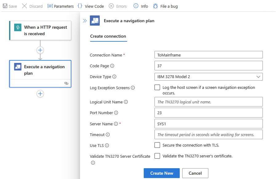 Screenshot shows Azure portal, Standard workflow designer, and IBM 3270 connection properties.