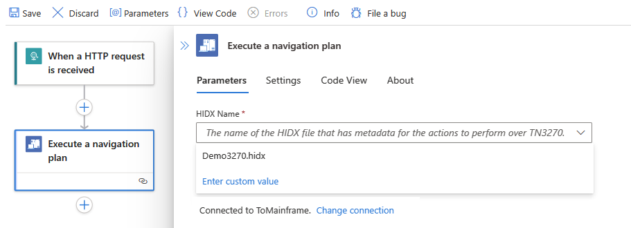 Screenshot shows Standard workflow designer, 3270 action, and selected HIDX file.