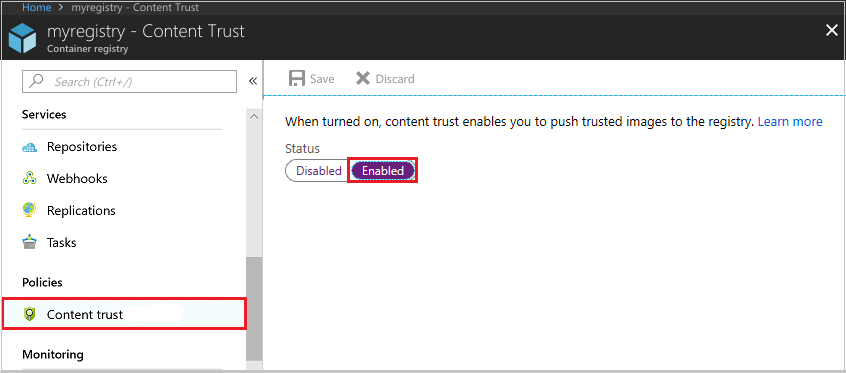 Screenshot shows enabling content trust for a registry in the Azure portal.