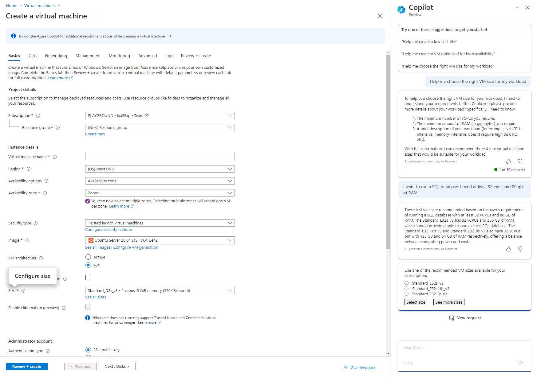 Screenshot showing Microsoft Copilot in Azure providing size recommendations for a VM.