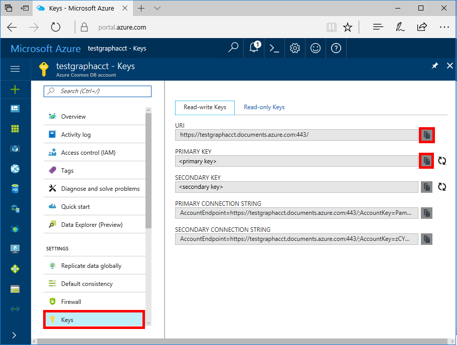 View and copy your primary key in the Azure portal, Keys page
