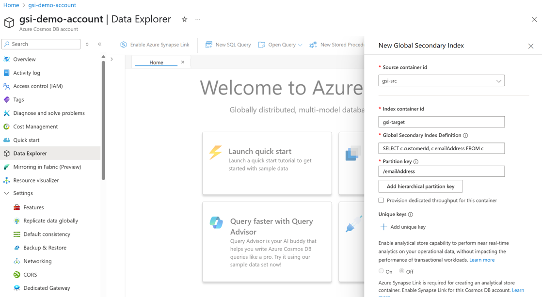 Screenshot of how to configure a Global Secondary Index in the Data Explorer page of the Azure portal.
