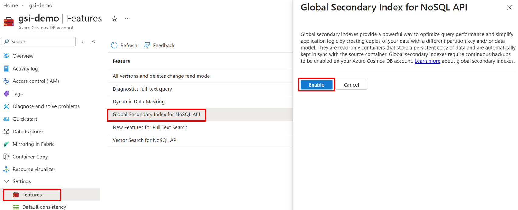 Screenshot of how to enable the Global Secondary Index feature in the Azure portal.