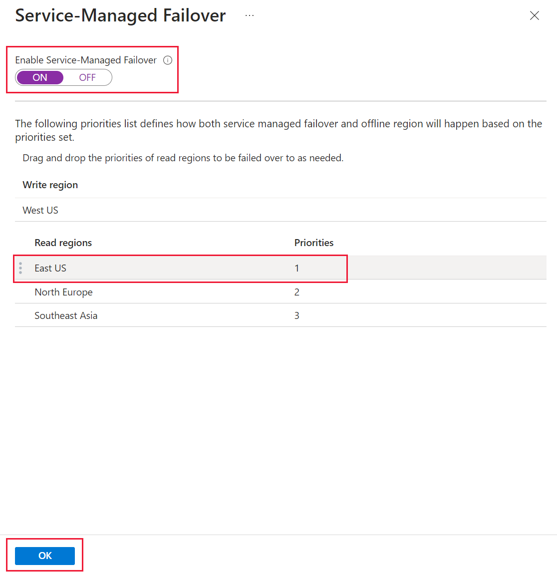 Screenshot of the Service-Managed failover portal menu.