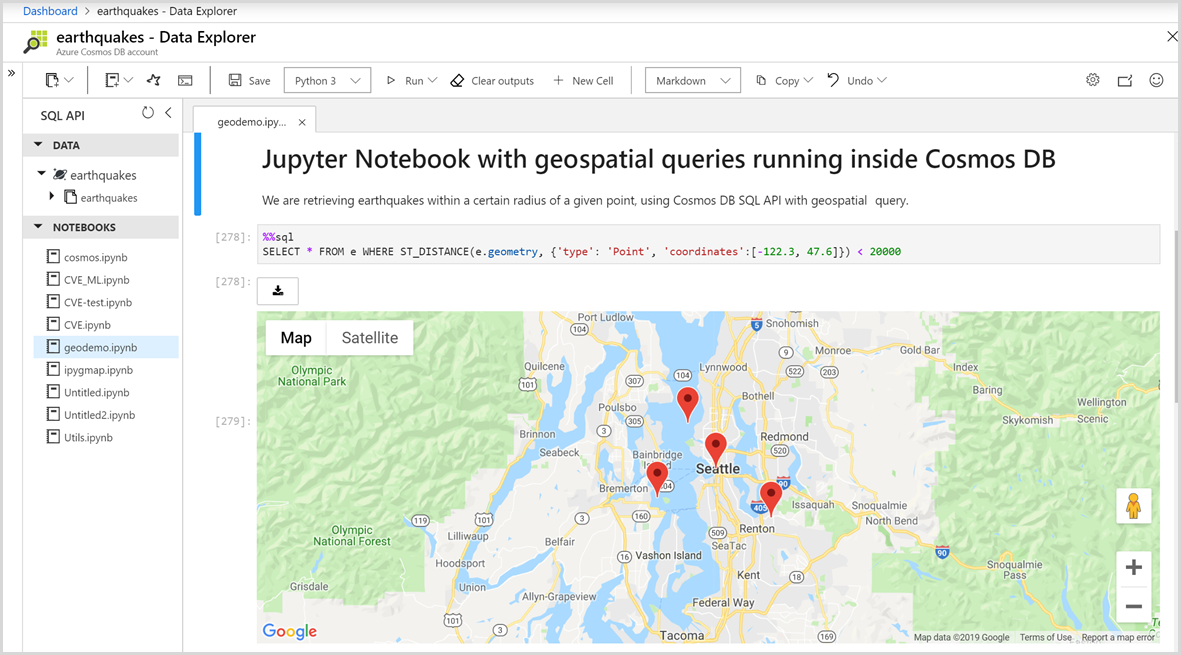 Screenshot of Jupyter Notebooks integrated developer environment (IDE) in Azure Cosmos DB.