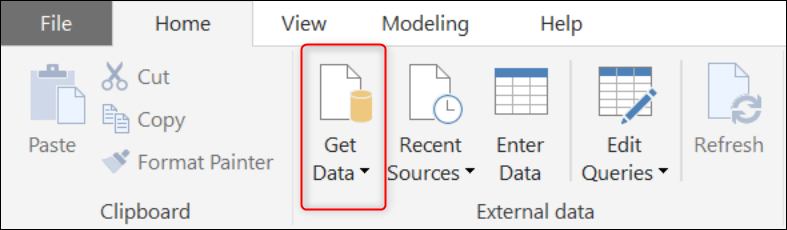 Screenshot showing Get Data in Power B I Desktop.