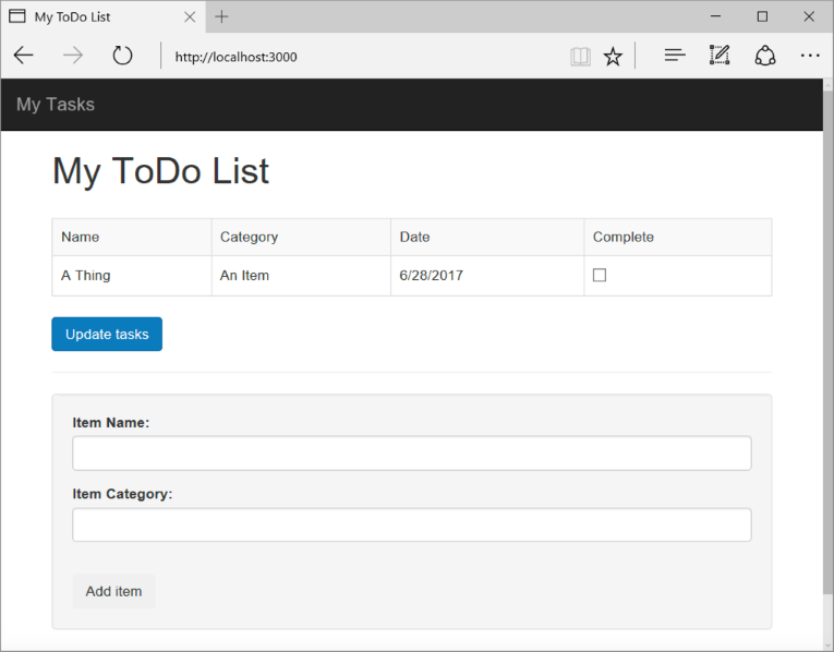Screenshot of the application with a new item in the ToDo list.
