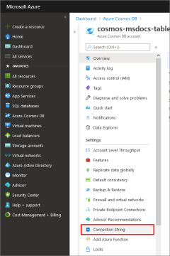 A screenshot showing the location of the connection strings link on the Azure Cosmos DB page.