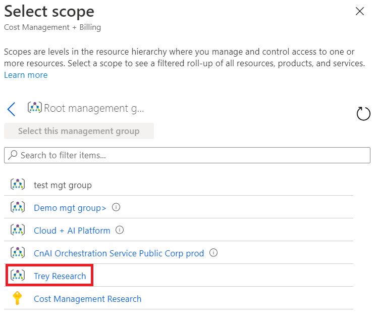 Screenshot showing the Select scope view with linked accounts under a management group.