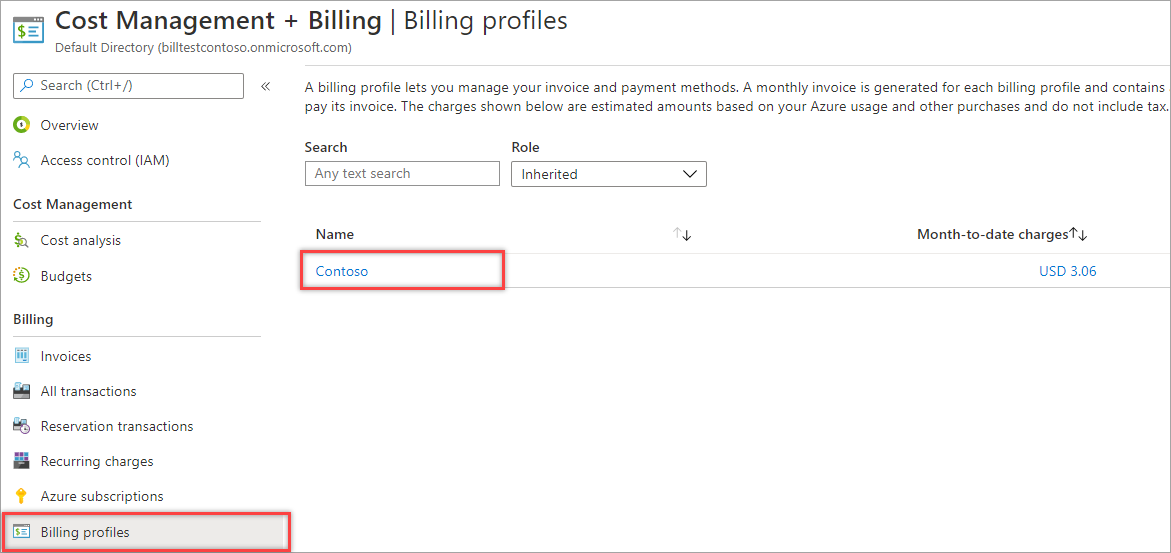 Screenshot that shows the Billing profiles page where you select a billing profile.