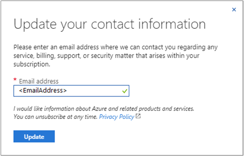 Screenshot showing the prompt to update your contact information.