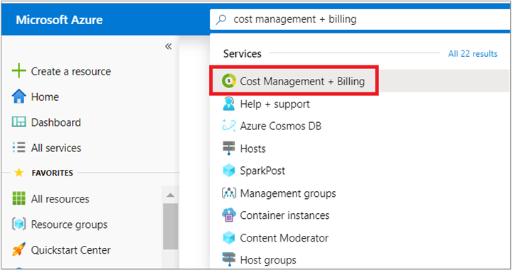 Screenshot showing search in the Azure portal for Cost Management + Billing.