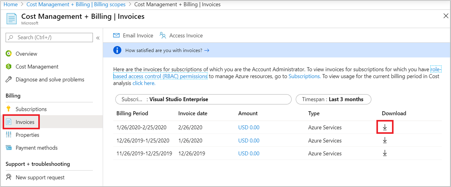 Screenshot showing the Cost Management + Billing Invoices page with the download option.