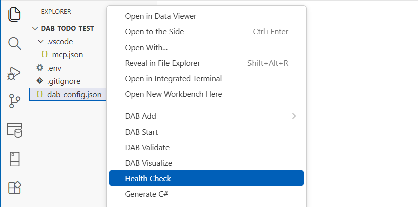Screenshot of the DAB Health extension displaying the health report in Visual Studio Code.