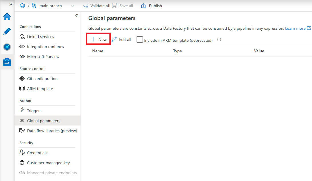 Screenshot that highlights the New button you select to create global parameters.