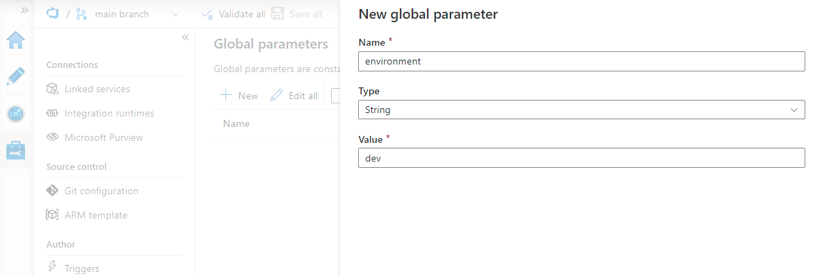Screenshot that shows where you add the name, data type, and value for the new global parameter.
