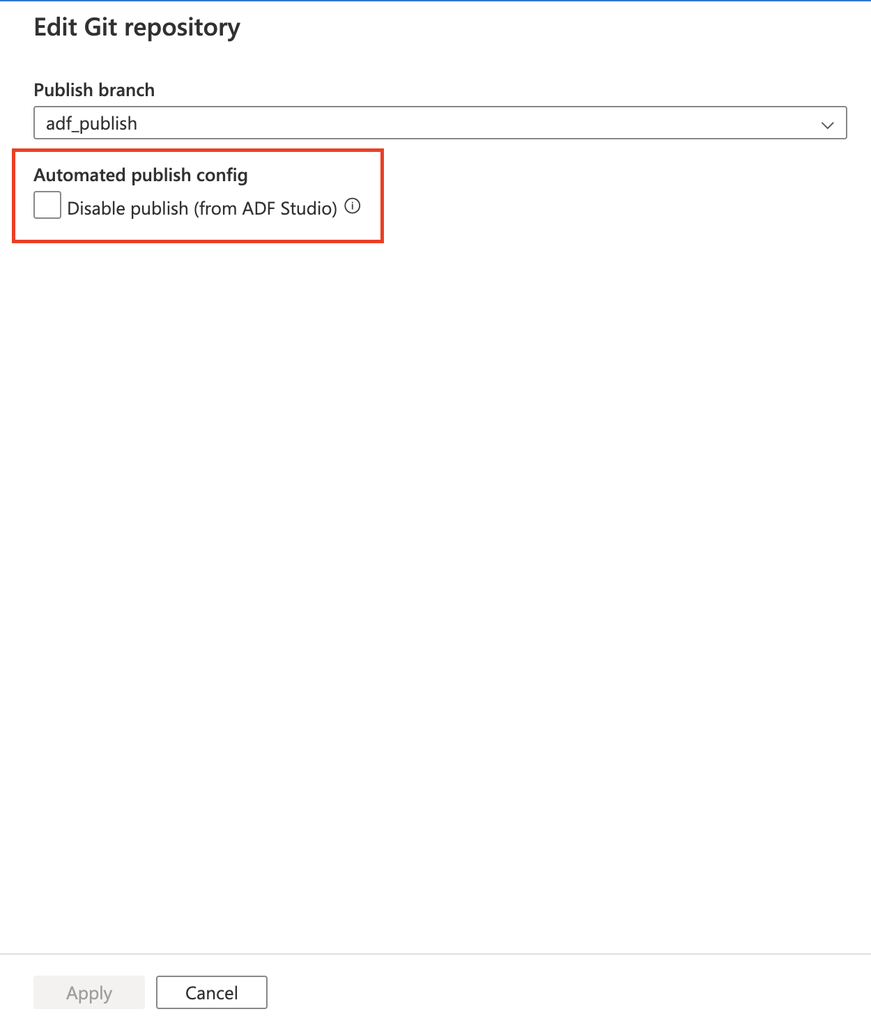 Screenshot showing a checkbox for disabling the publish button for Azure Data Factory studio.
