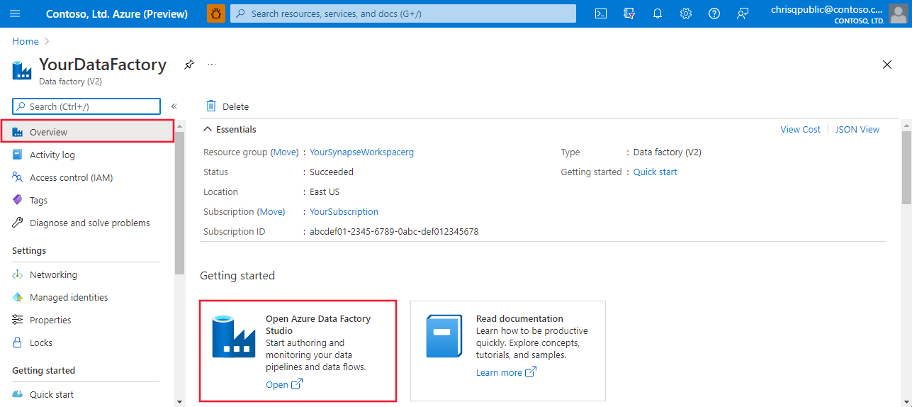 Shows a screenshot of how to open the Data Factory Studio from the Azure portal.