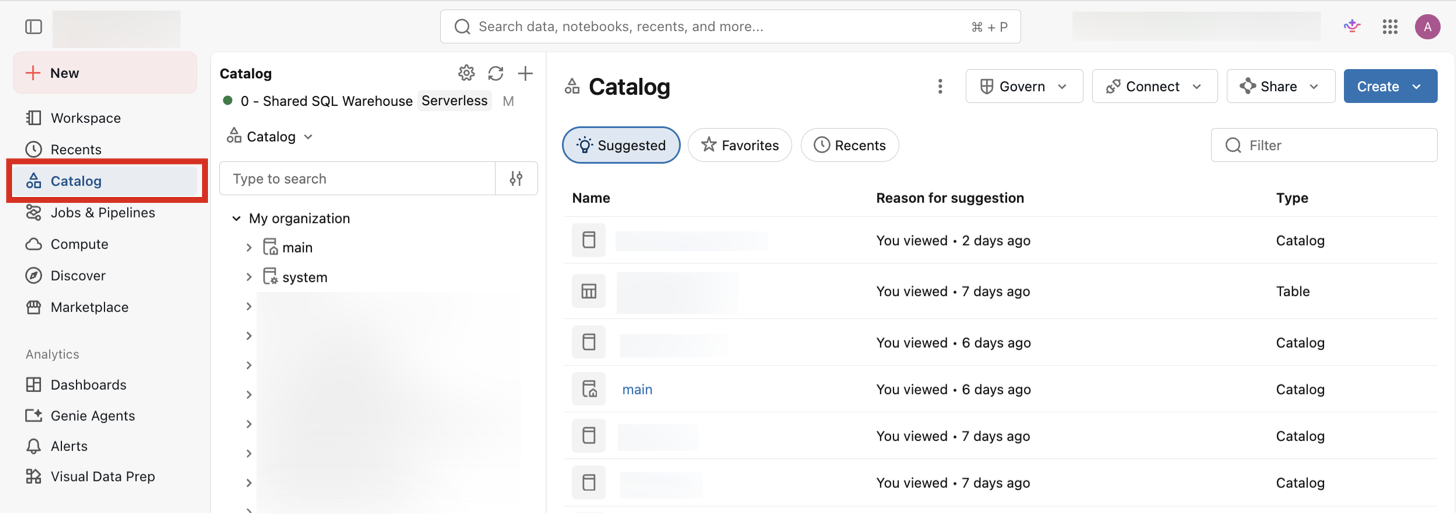 The Catalog Explorer interface, showing the catalog tree and a list of objects with suggestions