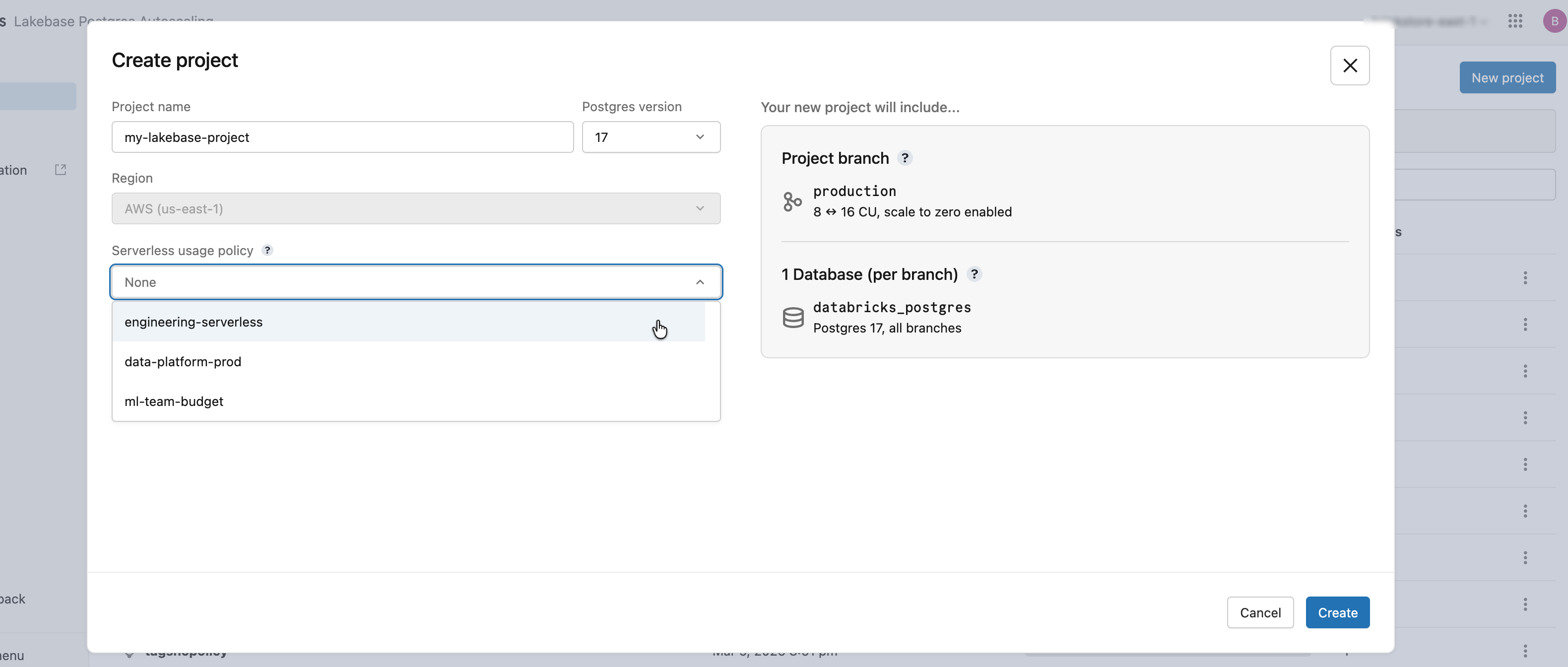 Create project dialog