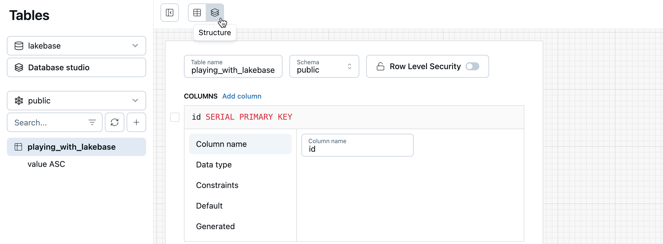 Lakebase tables editor schema