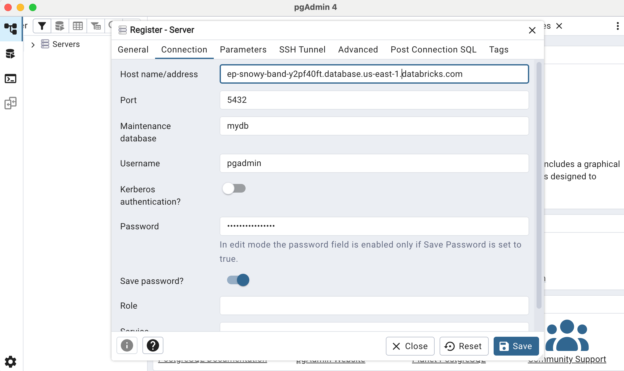 pgadmin connection details